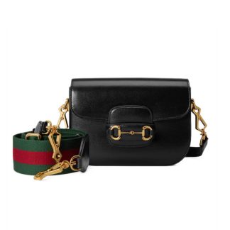 Bolso Gucci 1955 Horsebit Piel Negra Correa Web Verde-Roja
