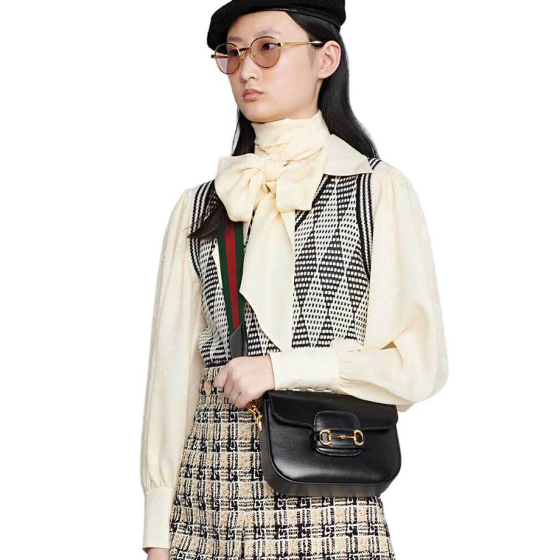 Bolso Gucci 1955 Horsebit Piel Negra Correa Web Verde-Roja - Image 2
