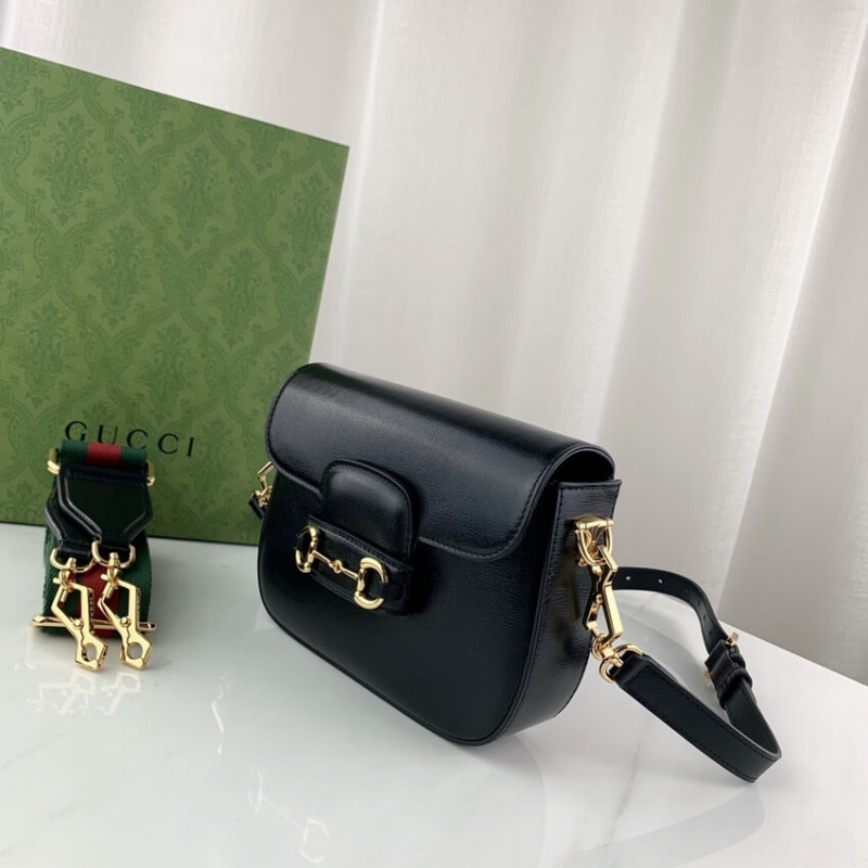 Bolso Gucci 1955 Horsebit Piel Negra Correa Web Verde-Roja - Image 6
