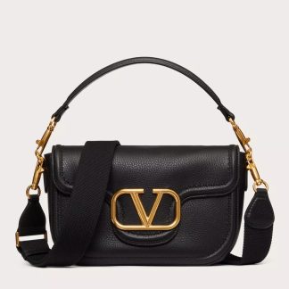 bolsos de lujo mujer Valentino Alltime Shoulder Bag in Black Grained Leather