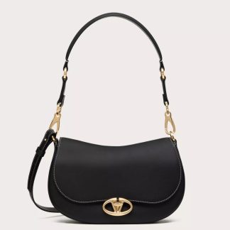 bolsos de lujo mujer Valentino Garavani Ohval Small Shoulder Bag in Black Calfskin